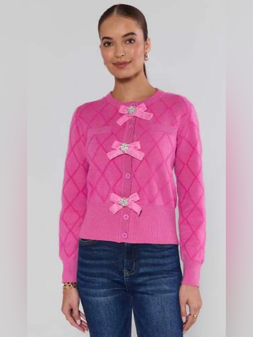 EUC Avara Emily Pink Bow Cardigan Sweater Rhinestone Bow Button Front Small